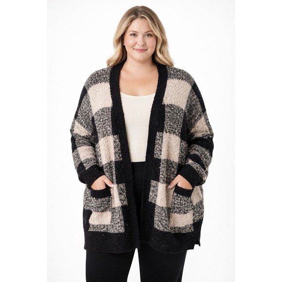 Dreamers By Debut Sweaters - NWT Dreamers by Debut Buffalo Plaid Open Front Cardigan Sweater Black Cream 1XL